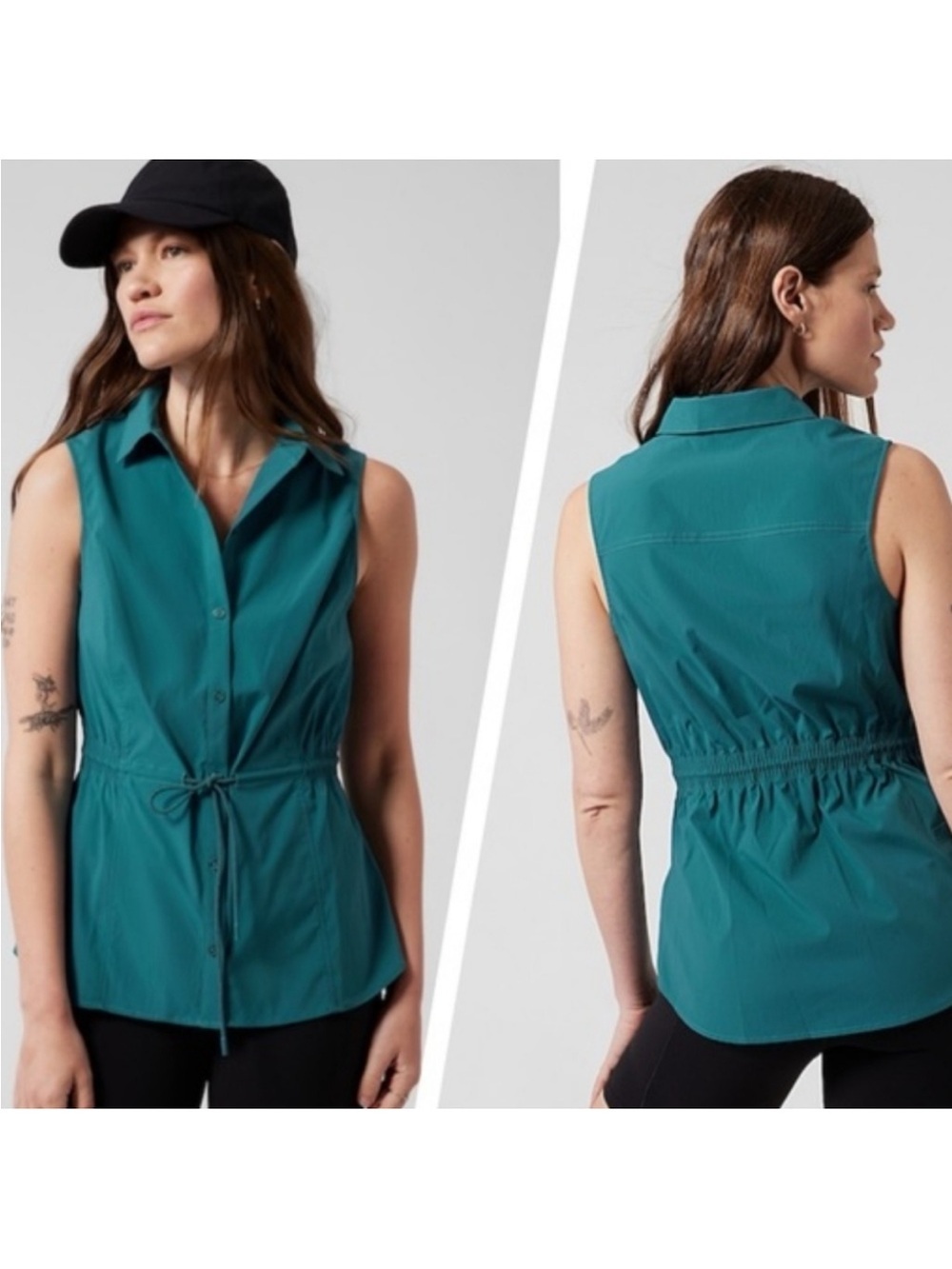 Athleta Levitate Poplin Tank XL Teal Button Front Drawstring Waist athletic